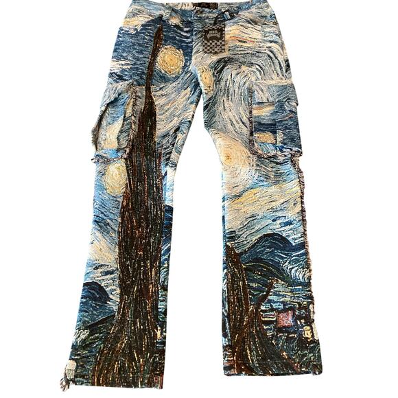 Rebel vengeance van Gogh Starry Night Tapestry fringe Cargo Pants Men's NWT 30 - Picture 1 of 12